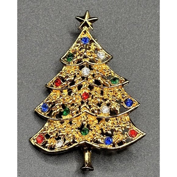 Goldtone Multicolor Rhinestone Christmas‎ Tree Pin Brooch - Picture 1 of 4